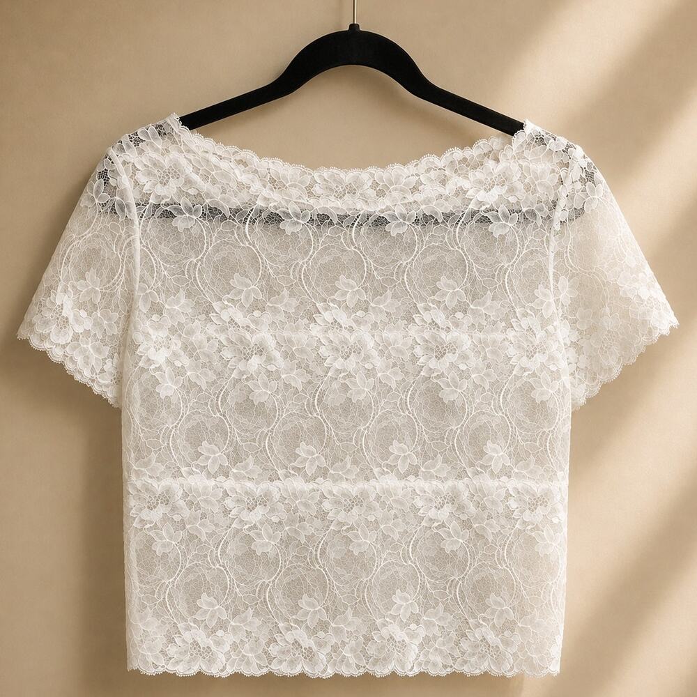 Natori Women's White Sheer Lace Top Large NWOT Vintage Coquette Short Sleeve